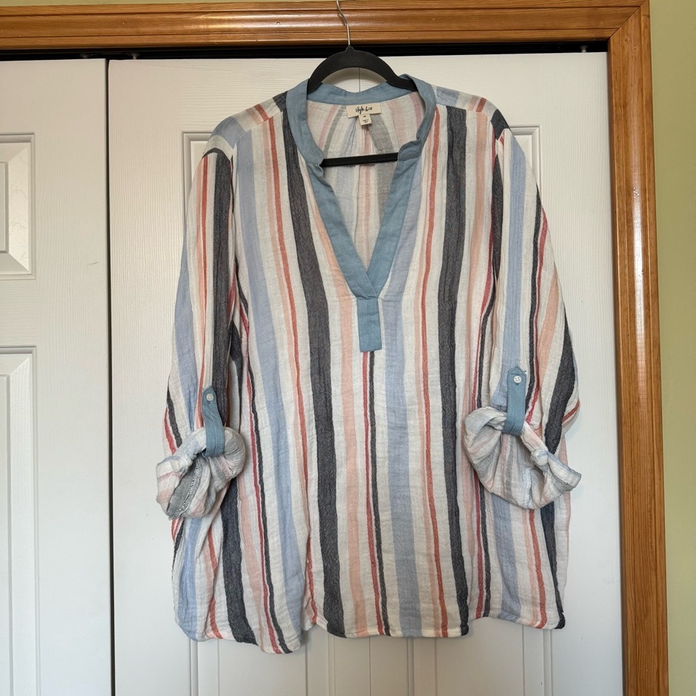Style &‎ Co Gauze Cotton Striped Roll Tab Sleeve Popover